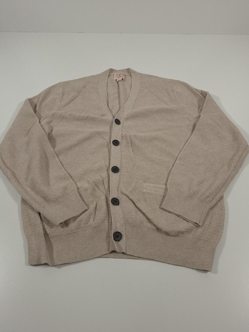 Brooks Brothers Red Fleece Sweater Mens L Beige Cotton Linen Cardigan V Neck